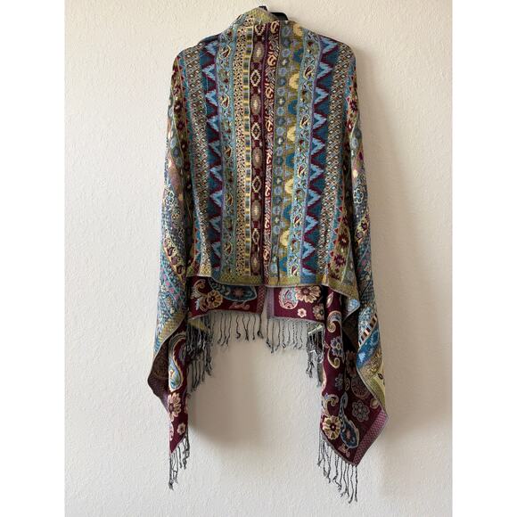 Red Gold Reversible Silk Blend Pashmina Scarf Shawl 67x27” Paisley Mixed Media - Picture 7 of 8